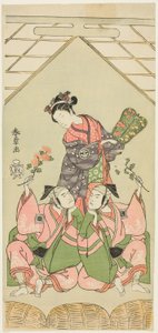 Gli attori Segawa Kikunojo II come la balia Reizei, Ichikawa Komazo I come Suruga no Hachiro nei panni del suonatore di shamisen Kichiroku (a destra), e Ichikawa Yaozo II come Tada no Kurando nei panni del portatore di palanchino Kichinai (a sinistra), nel da Katsukawa Shunsho