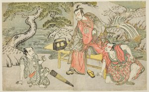Gli attori Tomizawa Hanzaburo II come Nagoya Sanzaemon (spesso chiamato Sanza) (a destra), Nakamura Juzo II come Fuwa Banzaemon (al centro) e un attore non identificato come il borseggiatore Matsumoto Daishichi (a sinistra), nella commedia Fuki Kaete Tsuki da Katsukawa Shunsho