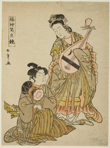 La dea Benten con un biwa e un giovane con un tamburo a spalla, dalla serie "Confronto dei sorrisi degli dei della fortuna (Fukujin egao kurabe)" da Katsukawa Shunsho