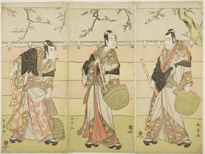 Tre monaci Komuso: Gli attori Ichikawa Ebizo (Danjuro V) come Kudo Suketsune (destra), Ichikawa Monnosuke II come Soga no Juro Sukenari (centro), e Ichikawa Omezo I come Soga no Goro Tokimune (sinistra), nell