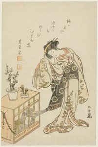 Giovane Donna con una Scimmia in Gabbia (Stampa del Calendario per il Nuovo Anno 1776) da Katsukawa Shunsho