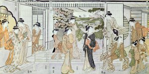 Giovani donne con un cesto di crisantemi da Katsukawa Shunsho