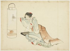 Signora che aggiusta una lampada, c.1815-1849 da Katsushika (school of) Hokusai