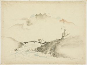 Paesaggio con contadino che attraversa un ponte