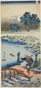Un contadino che attraversa un ponte, dalla serie Uno specchio vero di poesie cinesi e giapponesi da Katsushika Hokusai