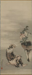 Un uomo seduto che guarda peonie in vaso, periodo Edo da Katsushika Hokusai