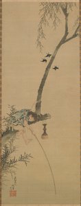 Ragazzo che pesca dal ramo di un albero da Katsushika Hokusai