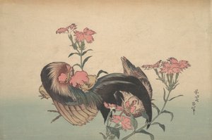 Gallo, gallina e Nadeshiko Dianthus Superbus da Katsushika Hokusai