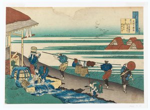 Dainagon Tsunenobu (Lavoratori, vicino al mare, tingendo stoffa), da Hyakunin isshu ubaga etoki (Cento poesie spiegate dalla nutrice) da Katsushika Hokusai