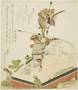 Carro allegorico di Tsutsui Jomyo che combatte Ichirai Hoshi sul ponte Uji da Katsushika Hokusai