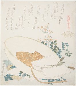 Fiori appena raccolti in un cappello da viaggiatore, illustrazione per The Thousand-grasses Shell (Chigusagai), dalla serie "A Matching Game with Genroku-period Poem Shells (Genroku kasen kai awase)" da Katsushika Hokusai
