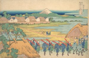 Il Fuji visto in lontananza dal quartiere del piacere di Senju, ca. 1830-32 da Katsushika Hokusai