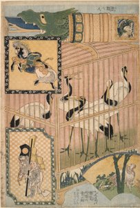 Gabbia giapponese e gru manciuriane, da una serie pubblicitaria per Giant Straw Works in una fiera da Katsushika Hokusai