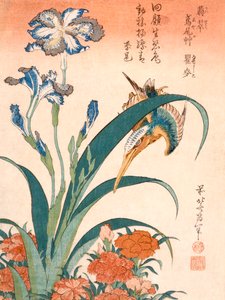 Martin pescatore, Iris e Garofani da Katsushika Hokusai