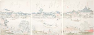 Komagata Hall e la riva del fiume O-umaya, dalla serie "Una selezione di cavalli (Uma zukushi)" da Katsushika Hokusai