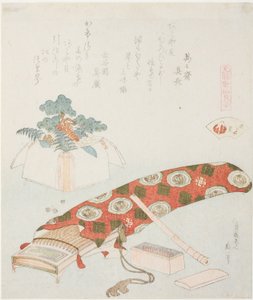 Koto e offerta di Capodanno, illustrazione per La conchiglia della spiaggia di Akoya (Akoyagai), dalla serie "Un gioco di abbinamento con conchiglie di poesie del periodo Genroku (Genroku kasen kai awase)"