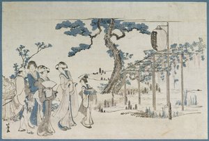 Donne che visitano i giardini di glicine a Kameido da Katsushika Hokusai