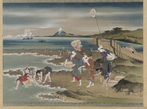 Paesaggio: raccoglitori di vongole sulla riva (inchiostro e colore su seta)