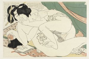 Coppia innamorata vicino a una zanzariera da Katsushika Hokusai