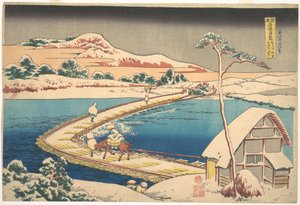 Antica veduta del ponte galleggiante di Sano nella provincia di Kōzuke (Kōzuke Sano funabashi no kozu), dalla serie “Vedute notevoli di ponti in varie province” (Shokoku meikyō kiran) da Katsushika Hokusai