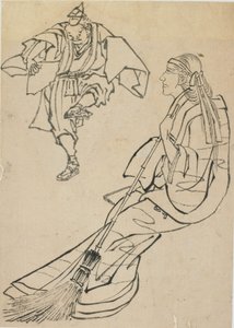 Vecchia donna seduta su una panchina davanti alla quale un uomo con un ventaglio danza da Katsushika Hokusai
