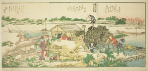 Pagine dal libro illustrato "Vedute panoramiche lungo le rive del fiume Sumida (Ehon Sumidagawa ryogan ichiran)" da Katsushika Hokusai