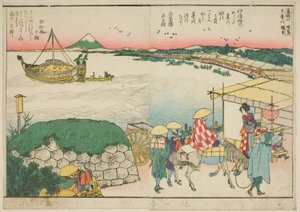 Pagine dal libro illustrato "Vedute panoramiche lungo le rive del fiume Sumida (Ehon Sumidagawa ryogan ichiran)" da Katsushika Hokusai