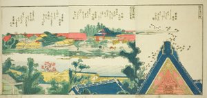 Pagine dal libro illustrato "Vedute panoramiche lungo le rive del fiume Sumida" da Katsushika Hokusai