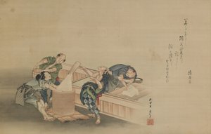 Pestare il riso per Mochi, con iscrizione di Momomoto Hinamaro, periodo Edo, c.1822 (inchiostro e colore su seta montata come rotolo appeso) da Katsushika Hokusai