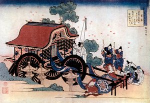 Traino di una carrozza a tre ruote, xilografia giapponese, c1780-1849