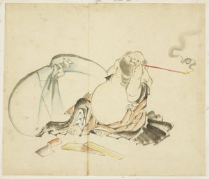 Hotei seduto che fuma una pipa da Katsushika Hokusai