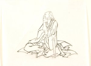 Anziano seduto, appoggiato a un bastone da Katsushika Hokusai