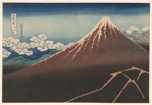 Pioggia sotto la vetta (Sanka hakuu), dalla serie "Trentasei vedute del Monte Fuji (Fugaku sanjurokkei)" da Katsushika Hokusai