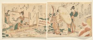 Mattina nevosa: Due donne camminano in un giardino coperto di neve con un ombrello; L: Giovane donna suona il koto e guarda sua madre da Katsushika Hokusai