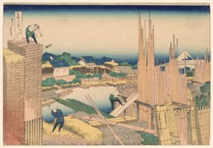 Cantiere di legname del fiume Tatekawa a Honjo (Honjo Tatekawa), dalla serie "Trentasei vedute del Monte Fuji (Fugaku sanjurokkei)" da Katsushika Hokusai