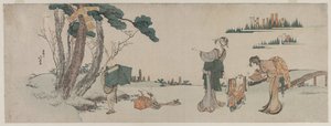 Donne che distraggono un bambino il cui aquilone è impigliato in un albero da Katsushika Hokusai