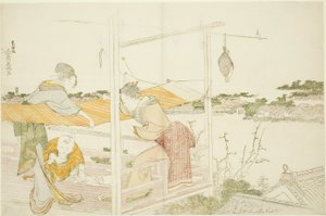 Donne su una veranda che stendono il tessuto ad asciugare da Katsushika Hokusai