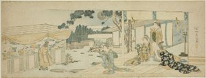 Donne in veranda che guardano una ragazza che raccoglie fiori da Katsushika Hokusai