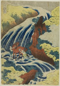 Cascata di lavaggio dei cavalli di Yoshitsune a Yoshino nella provincia di Yamato (Washu Yoshino Yoshitsune uma arai no taki) dalla serie "Un tour di cascate in varie province (Shokoku taki meguri)". da Katsushika Hokusai