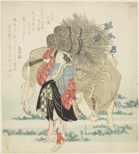 Una donna di Ohara che guida un bue, dalla serie "Cinque festival annuali per il circolo Katsushika (Katsushika gosekku)"