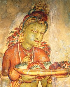 Apsaras, ninfa celeste che offre fiori, affresco, cittadella fortificata di Sigiriya (Lista del Patrimonio Mondiale UNESCO)