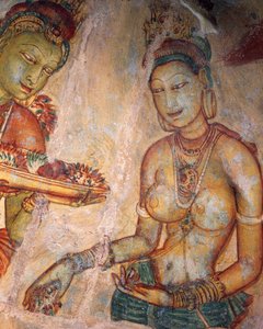 Apsaras, ninfa celeste che offre fiori, affresco, cittadella fortificata di Sigiriya (Lista del Patrimonio Mondiale UNESCO)