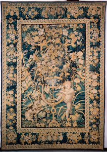 Arazzo. Enghien. Ragazzo di fronte a un animale selvatico (Bambin taquinant un jeune fauve, De knaap met het jonge wilde dier). 363 cm x 259 cm. Un ragazzo o putto che stuzzica un animale selvatico, forse un leopardo, con una pera fissata su un bastone. da Alec Hunter