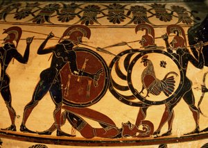 Dettaglio di un vaso corinzio che mostra una battaglia di opliti, c.600 a.C.
