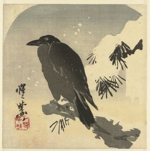 Corvo su ramo di pino innevato da Kawanabe Kyosai