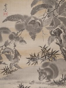 Scoiattoli che raccolgono castagne da Kawanabe Kyosai