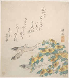 Pesci che nuotano con fiori gialli da Keisai Eisen