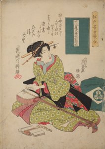 Donna che tende una corda su uno shamisen, dalla serie: Concorso musicale a Edo di esecuzione dello shamisen - Edo ongyoku uta-awase da Keisai Eisen