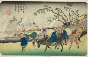 N. 20: Pioggia sulla Pianura di Hiratsuka vicino alla Stazione di Kutsukake (Niju: Kutsukake no eki, Hiratsukahara uchu no kei), dalla serie "[Sessantanove Stazioni del] Kisokaido" da Keisai Eisen