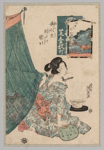 Donna con carte in bocca e ventaglio in mano, 1789-1851 da Keisai Eisen